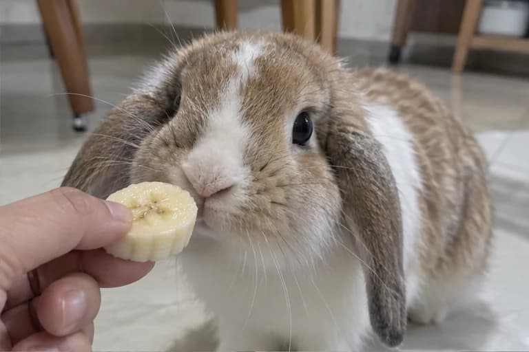 Bubbles sniffing a tiny banana treat