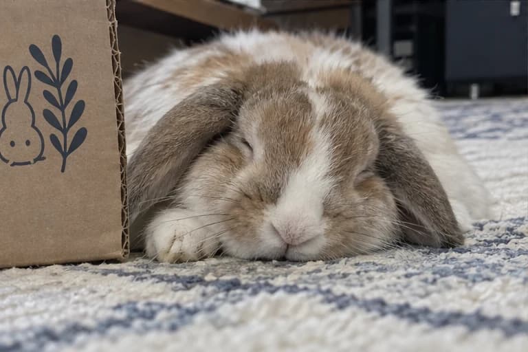 Bubbles napping beside her cardboard box