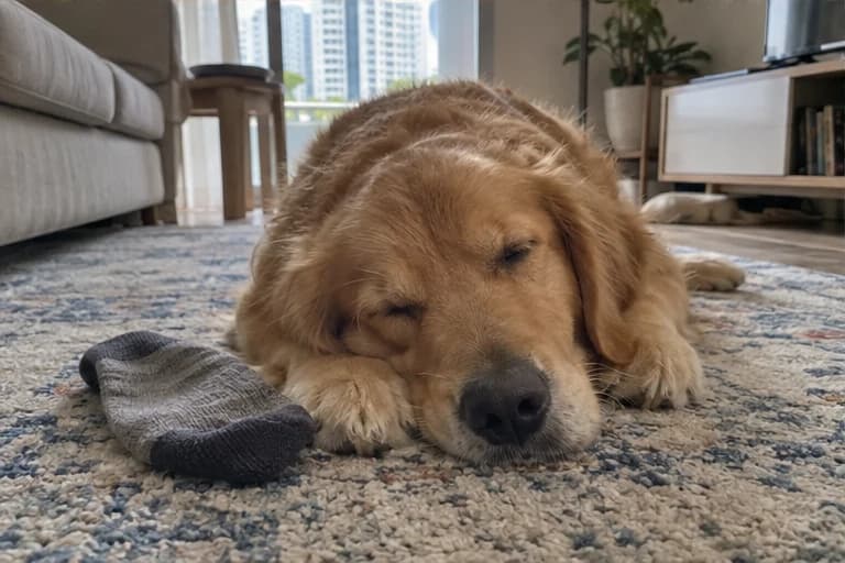 Milo resting beside his favourite stolen sock