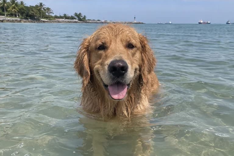 Milo wading in the sea