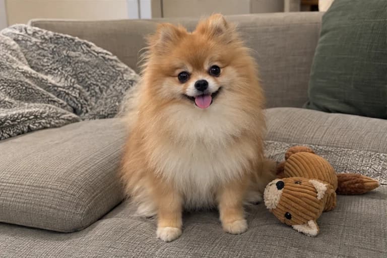 Mochi with her toy on the sofa