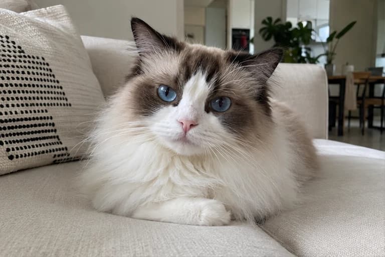 Willow relaxing on her cream sofa