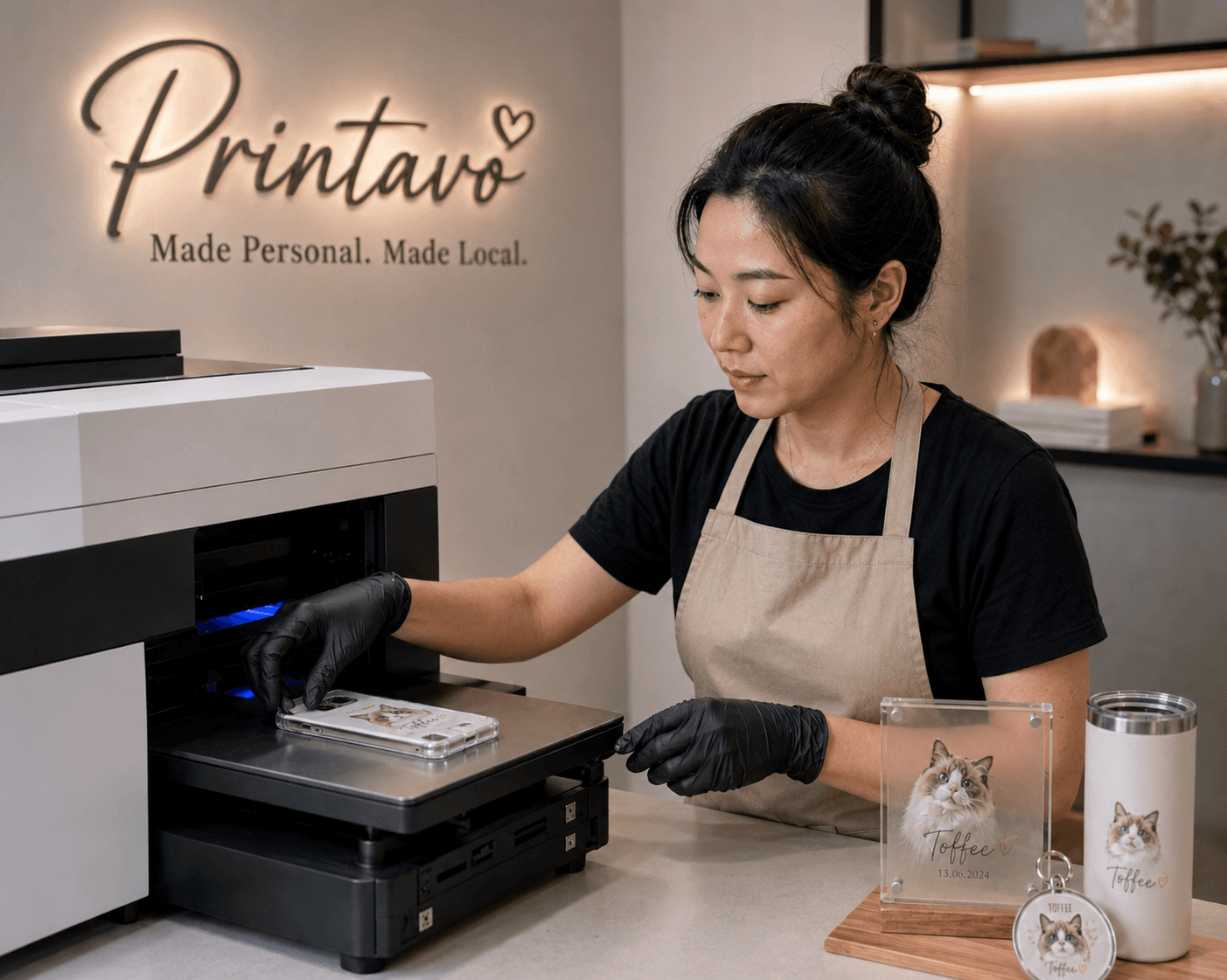 The founder of PawMe making a personalised product in the studio